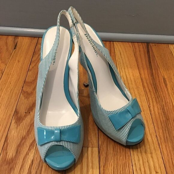 Turquoise white pin stripe slingback peeptoe heels - Picture 7 of 9